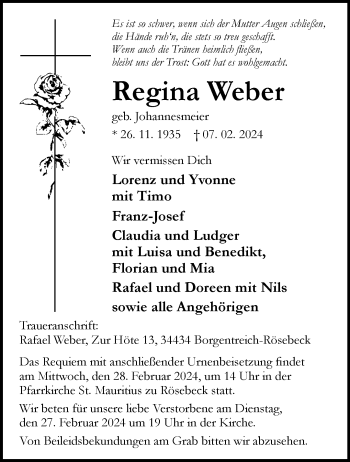 Traueranzeige von Regina Weber von Westfalen Blatt