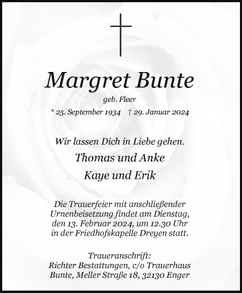 Traueranzeige von Margret Bunte von Westfalen Blatt