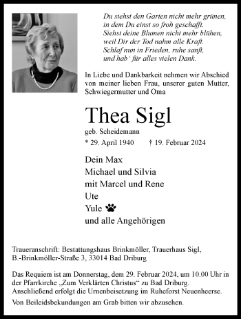 Traueranzeige von Thea Sigl von Westfalen Blatt