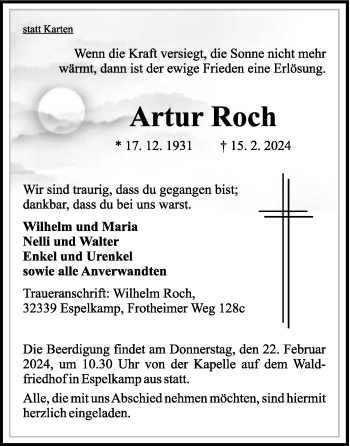 Traueranzeige von Artur Roch von Westfalen Blatt