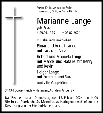 Traueranzeige von Marianne Lange von Westfalen Blatt