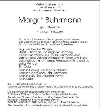 Traueranzeige von Margrit Buhrmann von Westfalen Blatt