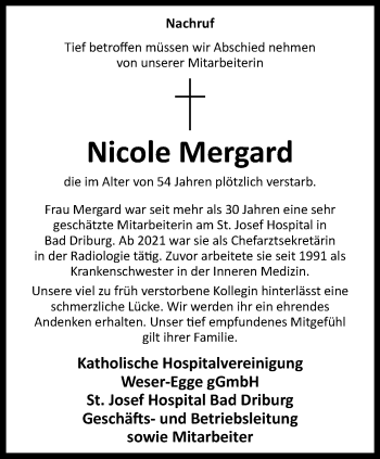 Traueranzeige von Nicole Mergard von Westfalen Blatt