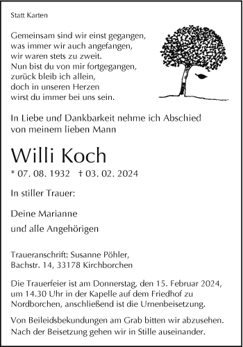 Traueranzeige von Willi Koch von Westfalen Blatt