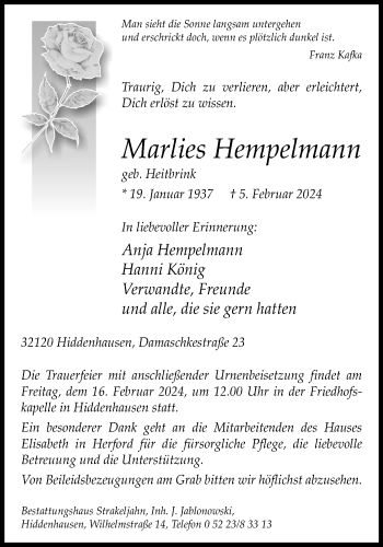 Traueranzeige von Marlies Hempelmann von Westfalen Blatt