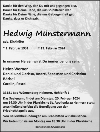 Traueranzeige von Hedwig Münstermann von Westfalen Blatt