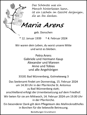 Traueranzeige von Maria Arens von Westfalen Blatt