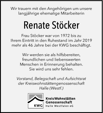 Traueranzeige von Renate Stöcker von Westfalen Blatt