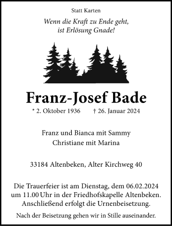 Traueranzeige von Franz-Josef Bade von Westfalen Blatt