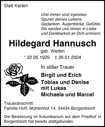 Traueranzeige von Hildegard Hannusch von Westfalen Blatt