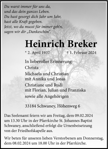 Traueranzeige von Heinrich Breker von Westfalen Blatt