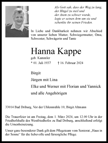 Traueranzeige von Hanna Kappe von Westfalen Blatt