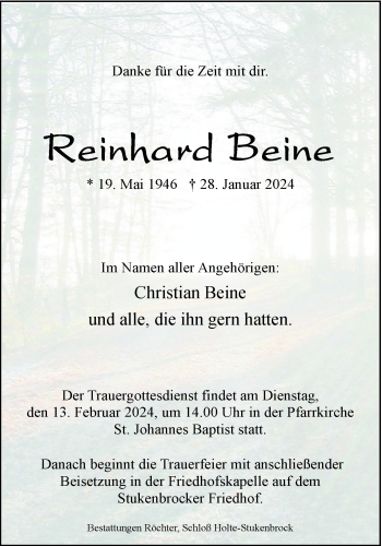 Traueranzeige von Reinhard Beine von Westfalen Blatt