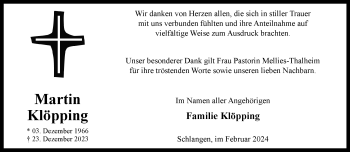 Traueranzeige von Martin Klöpping von Westfalen Blatt