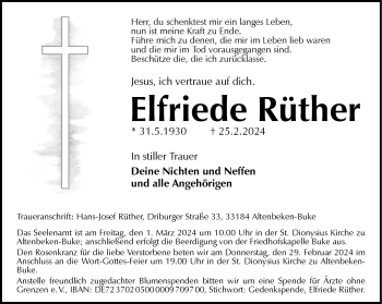 Traueranzeige von Elfriede Rüther von Westfalen Blatt