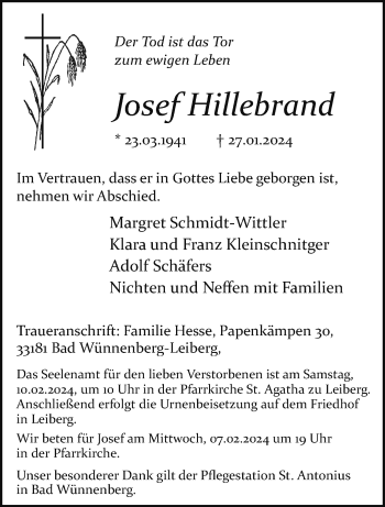 Traueranzeige von Josef Hillebrand von Westfalen Blatt