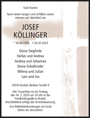 Traueranzeige von Josef Köllinger von Westfalen Blatt