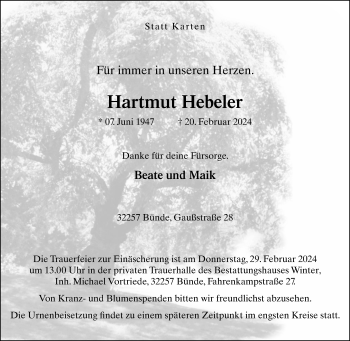 Traueranzeige von Hartmut Hebeler von Westfalen Blatt