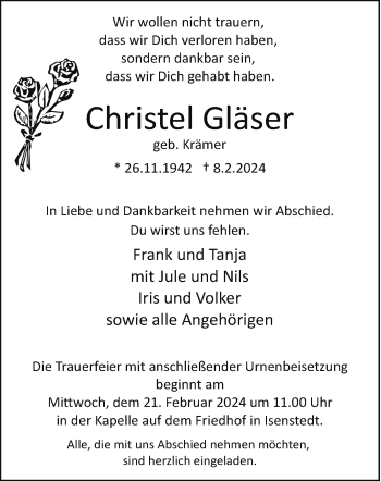 Traueranzeige von Christel Gläser von Westfalen Blatt