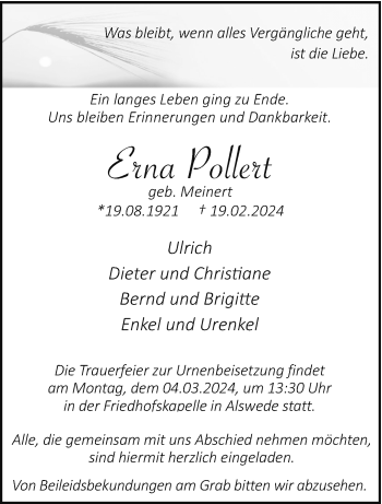 Traueranzeige von Erna Pollert von Westfalen Blatt