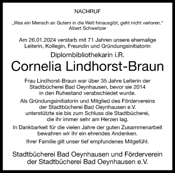 Traueranzeige von Cornelia Lindhorst-Braun von Westfalen Blatt