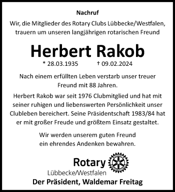 Traueranzeige von Herbert Rakob von Westfalen Blatt