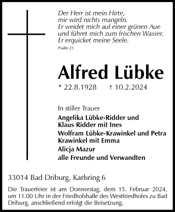 Traueranzeige von Alfred Lübke von Westfalen Blatt