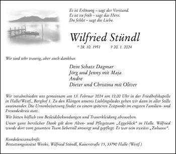 Traueranzeige von Wilfried Stündl von Westfalen Blatt