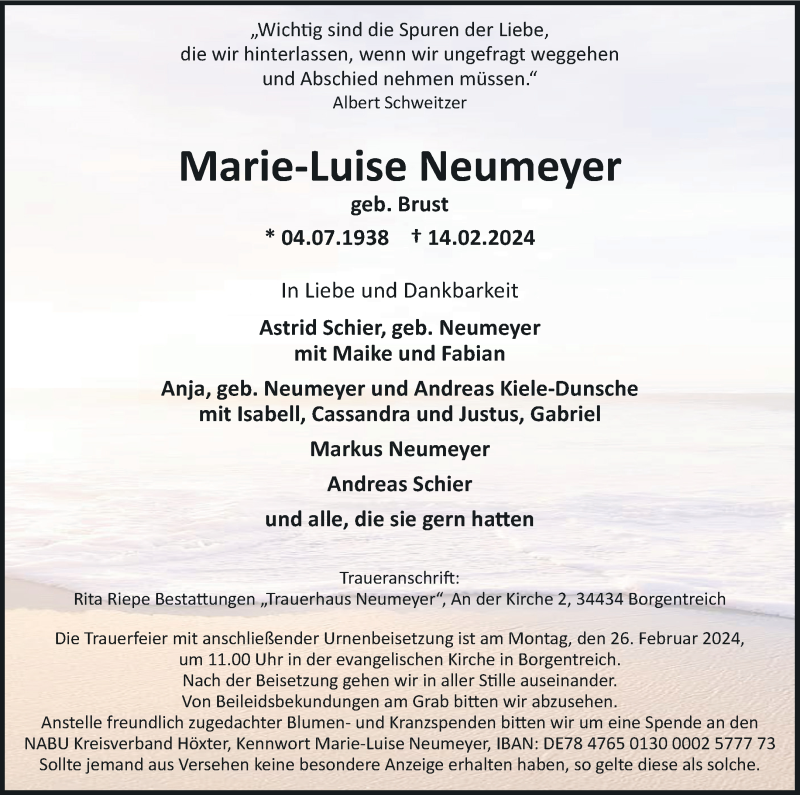  Traueranzeige für Marie-Luise Neumeyer vom 17.02.2024 aus Westfalen Blatt