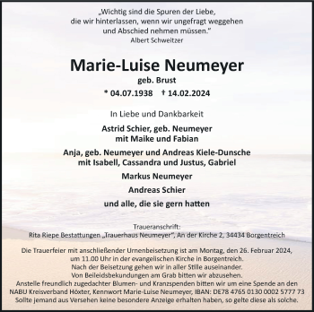 Traueranzeige von Marie-Luise Neumeyer von Westfalen Blatt