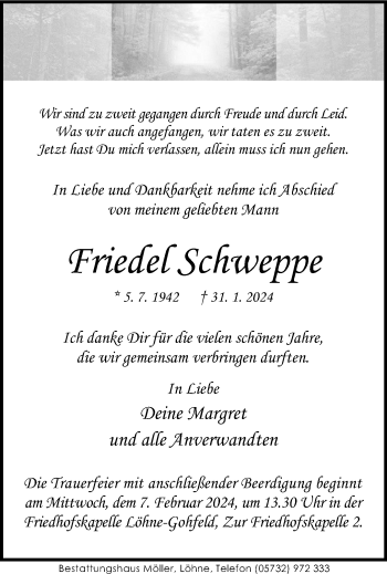 Traueranzeige von Friedel Schweppe von Westfalen Blatt