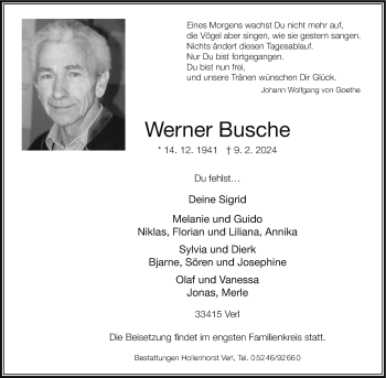 Traueranzeige von Werner Busche von Westfalen Blatt