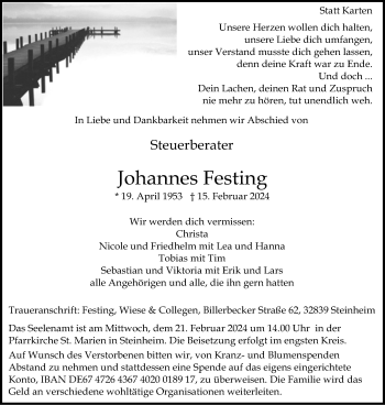 Traueranzeige von Johannes Festing von Westfalen Blatt