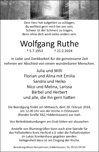 Traueranzeige von Wolfgang Ruthe von Westfalen Blatt