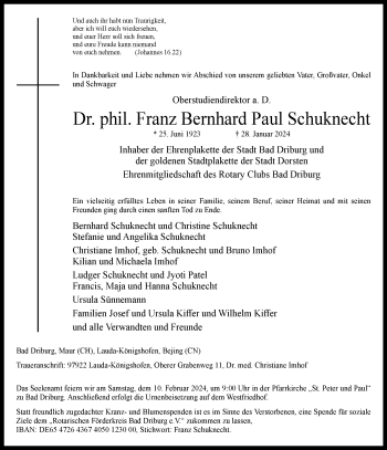 Traueranzeige von Dr. Phil. Franz Bernhard Paul Schuknecht von Westfalen Blatt