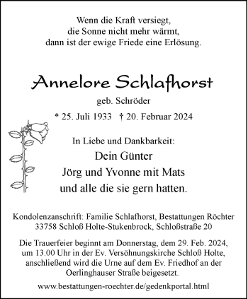 Traueranzeige von Annelore Schlafhorst von Westfalen Blatt