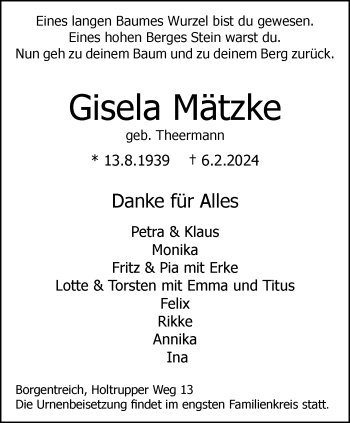 Traueranzeige von Gisela Mätzke von Westfalen Blatt