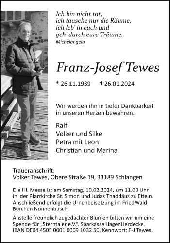 Traueranzeige von Franz-Josef Tewes von Westfalen Blatt