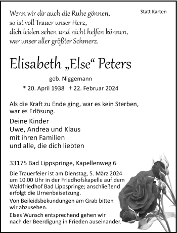 Traueranzeige von Elisabeth Peters von Westfalen Blatt