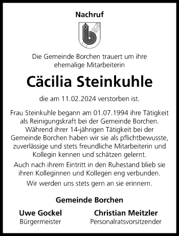 Traueranzeige von Cäcilia Steinkuhle von Westfalen Blatt