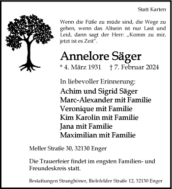 Traueranzeige von Annelore Säger von Westfalen Blatt