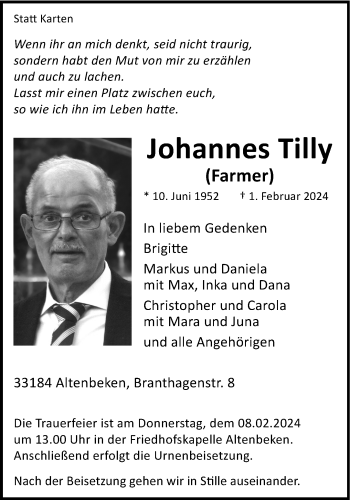 Traueranzeige von Johannes Tilly von Westfalen Blatt