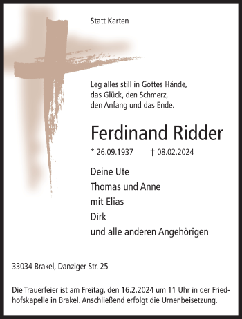 Traueranzeige von Ferdinand Ridder von Westfalen Blatt