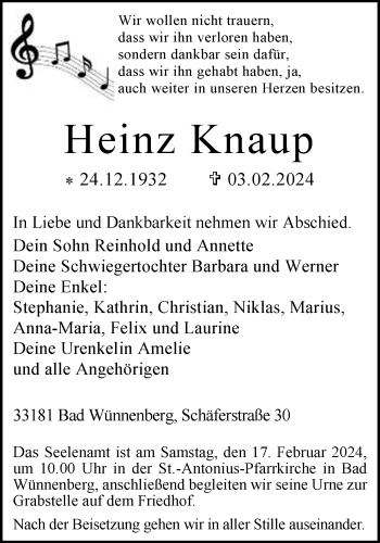 Traueranzeige von Heinz Knaup von Westfalen Blatt