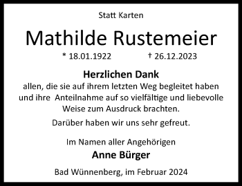 Traueranzeige von Mathilde Rustemeier von Westfalen Blatt