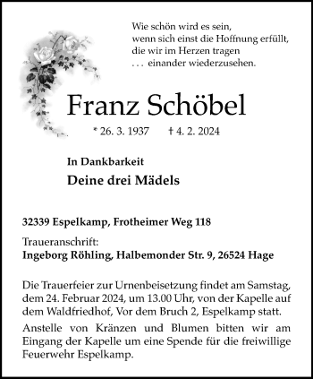 Traueranzeige von Franz Schöbel von Westfalen Blatt