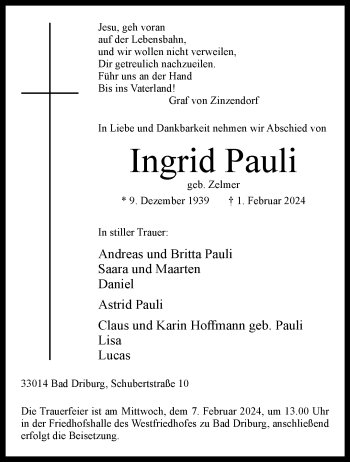 Traueranzeige von Ingrid Pauli von Westfalen Blatt