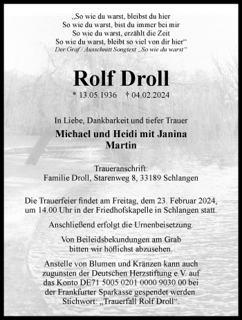 Traueranzeige von Rolf Droll von Westfalen Blatt