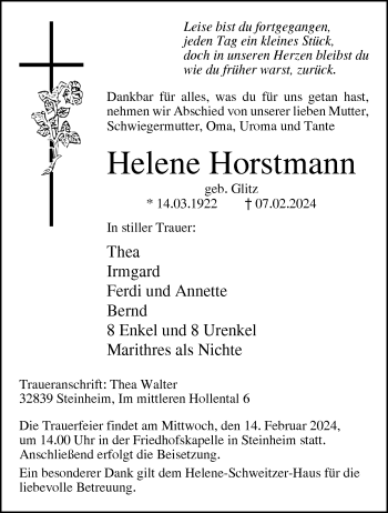 Traueranzeige von Helene Horstmann von Westfalen Blatt