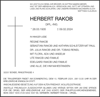 Traueranzeige von Herbert Rakob von Westfalen Blatt